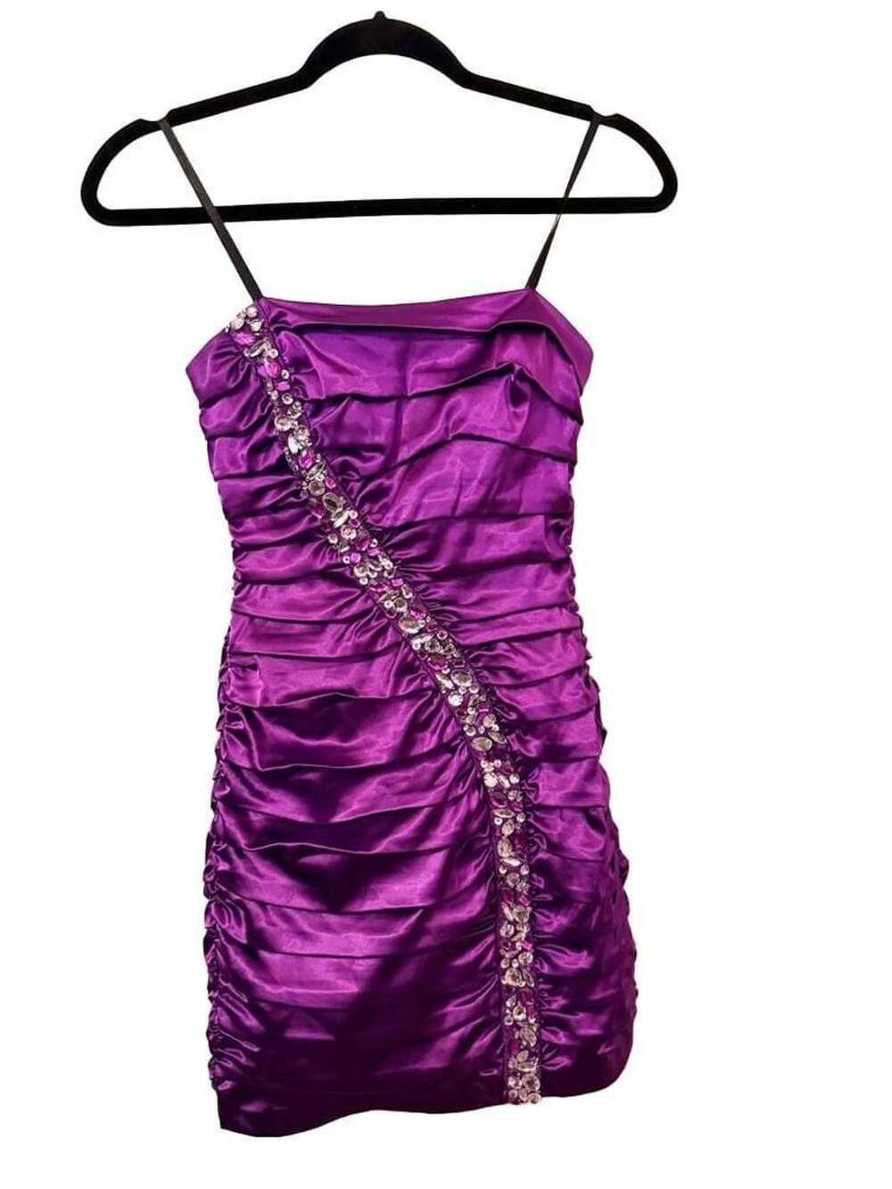 City Studio Purple Ruched Satin Mini Dress with Rhinestones